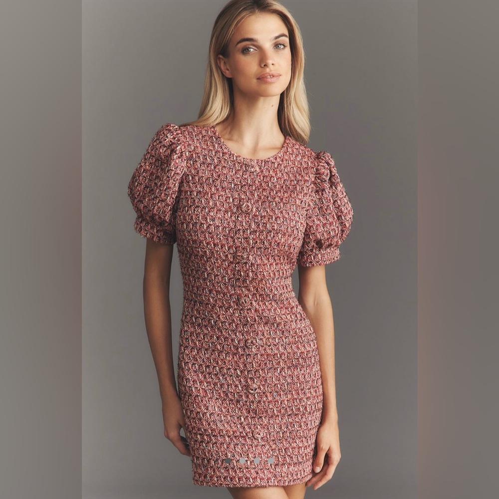 NWT Anthropologie Endless Rose Elegant Pink Puff Sleeve Tweed Dress